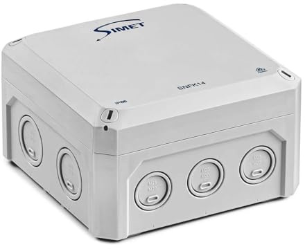 SIMET SNFK14 Wand-Abzweigdose 140×140×81 mm, IP66, mit Kabelverschraubungen M32/M25/M20, halogenfrei, Polystyrol, Spannung 690 V, Leiter bis 10 mm², grau