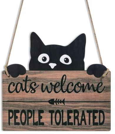 NymphFable Cartel Divertido de Gato para la Pared, Letrero de Madera Colgante Se Admiten Gatos, Personas Toleradas para Decoración de Hogar, Puerta Principal o Porche para Amantes de las Mascotas