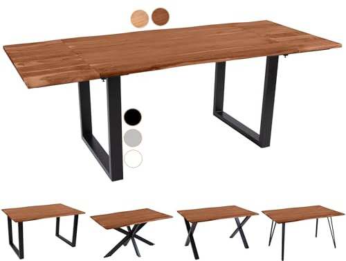 SAM Baumkantentisch 180 (280) x 90 cm Avino, Akazienholz nussbaumfarben & massiv, Esszimmertisch mit 2 Ansteckplatten, Schwarzes U-Metallgestell, Esstisch ausziehbar 8-10 Personen