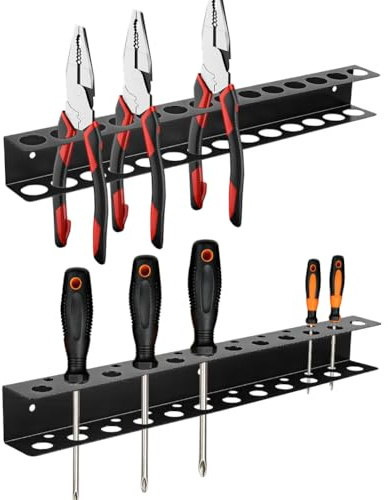 AHANDMAKER 2 Pcs Wall Mount Screwdriver Organizer 15.75in Iron Tool Holder with 21mm 7mm 15mm Holes for Garage Home Workshop Screwdrivers Calipers Small Tools Storage Organization, Black