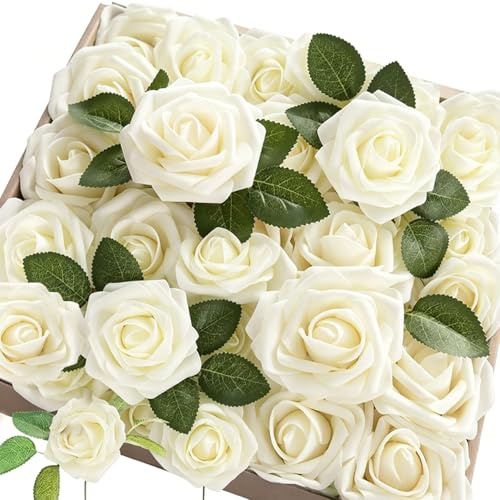 25 Pièces Roses Artificielles, Fleurs Artificielles, Deco Blanches Fausses | Rose Blanche Artificielle pour Jardin, Fête de Mariage, Intérieur et Extérieur, Rose Blanche