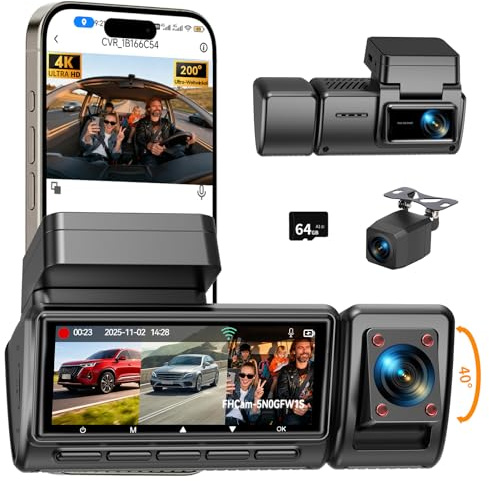 4K Dashcam Auto,3 Kanal Vorne Hinten Innen Dash Cam,490° Rundumschutz | Auto Kamera mit 64GB SD Karte,3.16 IPS-Bildschirm,Nachtsicht,WDR,WiFi,G-Sensor,Loop-Aufnahme,24H Parküberwachung