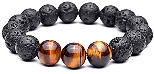Lion & Son Lava-Armband Tigeraugen-Perlen Buddha-Armband Herren-Schmuck Braun Schwarz Handmade Naturstein Perlenarmband Hand gefertigt Geschenkidee Surferarmband Wasserfest, 20 cm