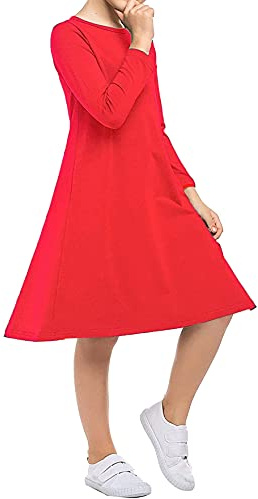Kids Girls Swing Skater Dress Long Sleeve Flared Top Infants School Uniform Costume Fancy Dresses Party Formal 3-4 5-6 7-8 9-10 11-12 13 Years Winter Birthday World Book Day (11-12 Years, Red)