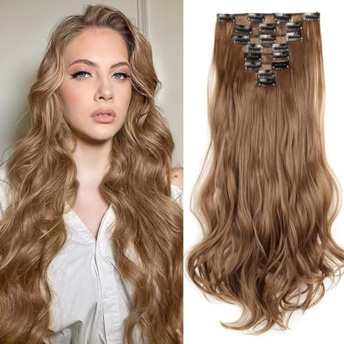 TESS Clip in Extensions wie Echthaar Haarteile günstig Haarverlängerung 8 Tressen 18 Clips Haarteil Gewellt 17(43cm)-140g Hellbraun