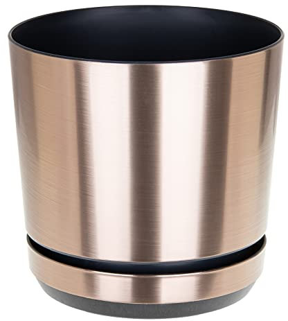 KORAD Brushed Steel Effect Indoor Plant Pots with Saucer and Drainage Holes, Round, Modern and Decorative Flowerpot for All Houseplants, 6 sizes, 25 colours (14 cm -5.5 inches)