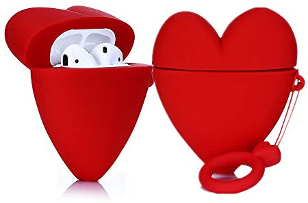 Lewote Airpods Silikon-Schutzhülle für Apple Airpods 1 und 2 [witziges Design][Gutes Geschenk für Kinder, Mädchen oder Frauen] 3D Love Heart Red