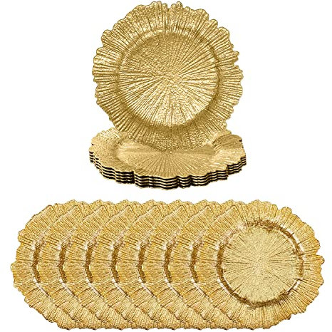 Trimming Shop Decorative Charger Plates for Parties, Vintage Design Glass for Dinner Table Decoration, Weddings, Birthday, Party, Tableware, Catering Events, 33cm, Shiny Gold, 12pcs