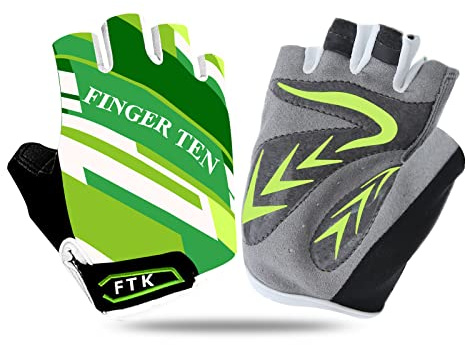 FINGER TEN Gants Velo Enfant Cyclisme Junior Running VTT Moto Demi-Doigt poignée Paire de Valeur, Gant Gel Résistant à l'abrasion Antideparant Mitaines Taille Petit Vert Rose Bleu (Vert, L)