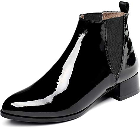 Soireelady Damen Winterstiefeletten Closed Toe Zipper Mittlere Absätze Kurze Flache Stiefeletten Mit 3.5CM Blockabsatz Lack Schwarz EU45