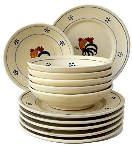 Colì Majolica et faïence de la série Gallo de 1650 Assiettes en Terre Cuite peintes à la Main, Service de Table pour 6 Personnes, 12 pièces Comprend 6 Bols de 20 cm et 6 Assiettes Plates de 24 cm.