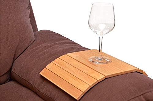 GLOW Flexible Sofa Tray Table – Set of 2 Stylish Wooden Folding Coaster for Arm Rest Chair Couch Seat Protection – Ideal for Tea Cup Coffee Mug Glass Bottle Cans Plates Snacks Phone Laptop Remote