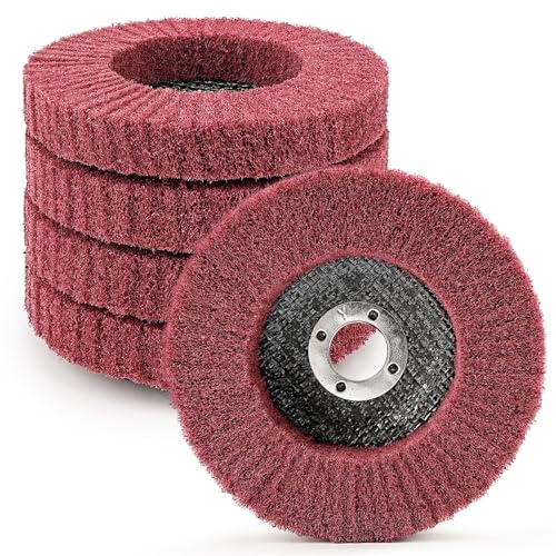 SI FANG 5Pcs 4 100mm Scouring Pad Flap Disc For Angle Grinder | 320 Grit Nylon Abrasive Wheels With 16mm Bore. Flexible For Rust Removal, Deburring & Polishing Metal And Wood Surfaces