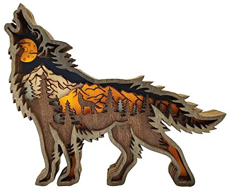 NA Wood Carving Wolf Ornament Howling Wolf Statue Wolf Gift for Living Room Decorative Home Accessories Desk Decoration