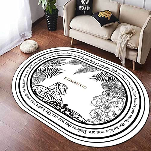 Rururug Teppich Oval 200 x 300 cm Home Office Esszimmer Wohnzimmer Schlafzimmer Küche Konferenzraum Kurzflor Teppiche, Blumen und Leoparden, schwarz und weiß, Oval 200 x 300 cm