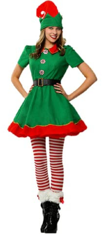 RTGSE Adult Christmas Elf Costume Clothes Set Santa's Helper Cosplay Sets Men Women Christmas Elf Outfit for Holiday Party (Women Green, S)