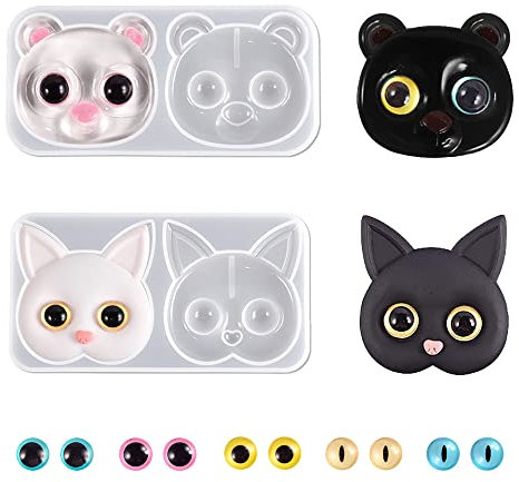 Nifocc 2 moldes de resina epoxi animales 3D molde resina para gato cristal molde fundición oso molde silicona cabeza animal con 10 piezas para joyas ojos para manualidades, llaveros colgantes