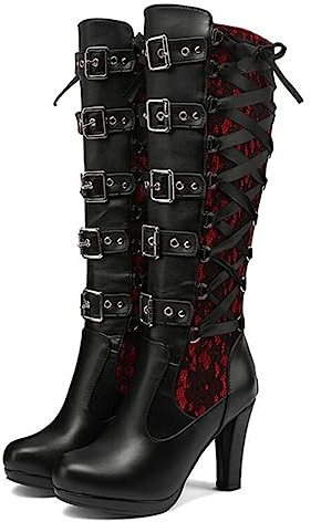 CRETUAO Stivali Alti al Ginocchio Tacco Alto Donna,Stivali Cavaliere Fibbia Rivetto alla Moda,Stivali Lunghi Tacco Alto Steampunk Sexy,Décolleté Cerniera PosteriorePannello in Pizzo,Rosso,38 EU