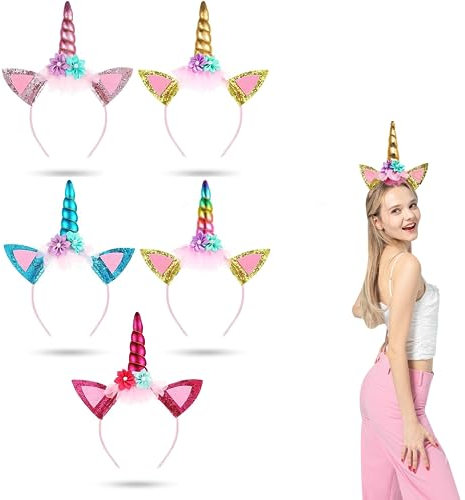 MUYAPAY 5 Pièces Bandeau Licorne, Cheveux Licorne pour Enfants, Bandeau Licorne Coloré avec Fleurs, Deguisement Costume Licorne pour Fête Cosplay Birthday Party Favors Halloween