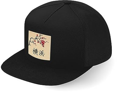 Lauthings Yokohama City Travel Japan Sakura Kanji Fullcap Art Flat Bill Snapback Cap, Schwarz , Einheitsgröße
