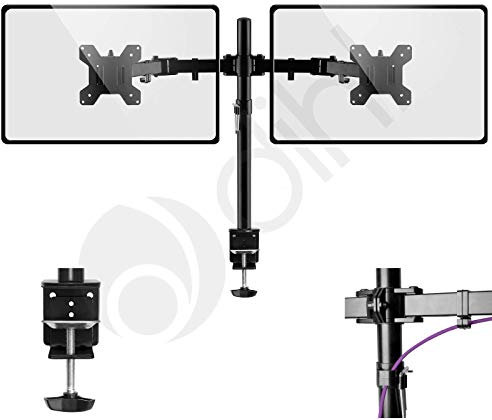 Dihl Dual Monitor Desk Stand, Twin Monitor Mount Clamp for 13 to 27 Inch Screens, Height Adjustable Arms, Tilts 90°, Swivels 180°, Rotates 360°, VESA 75 or 100mm, Black