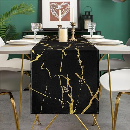 Frühlings Tischläufer Modern Tischläufer Leinen Sommer 40 x 140 cm Schwarzer Marmor Goldene Textur Abstrakte KunstTischdecke für Esstisch Party Hochzeit Ostern Wohnzimmer