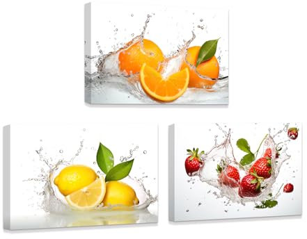 ZXHYWYM 3 teiliger Wanddruck für die Küche Obst im Wasser Poster frische Orange Zitrone Erdbeere Leinwandbilder farbenfrohes Lebensmittel Kunstwerk für Kantinenrestaurant mit Rahmen (B (28x35cmx3))