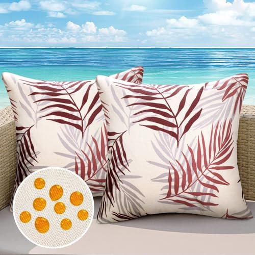 Cheekywares Kissenbezug Wasserdicht Leinen Outdoor Deko Kissen Sofakissen Blätter Kissenbezüge Kissenhülle für Garten Sofa Wohnzimmer Bett Rot und Grau, 45x45 cm, 2er Set