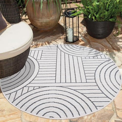 carpet city Outdoor Teppich Wetterfest 160 cm Rund - Creme-Grau - Wendeteppich, Beidseitiges Geometrisches Muster - Balkonteppich Wasserfest Outdoor - Terrassenteppich