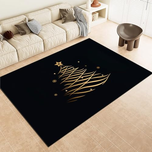 Waschbar Teppich 160x230cm, Kunstlinie Weihnachtsbaum rechteckiger Teppich für den Innenbereich, Bedruckte Dekor Teppichefür Schlafzimmer Wohnzimmer Schwarz