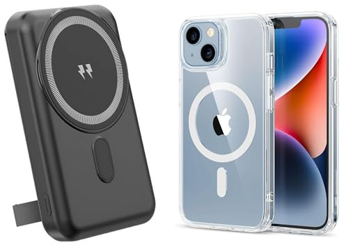 TecnoOdino Powerbank Magnetico USB-C 10000 Mah + COVER traspatente in silicone per Galaxy S21 S22 S23, Zflip 3 4, Zfold 3 4 (Nero, Galaxy S21 Plus)