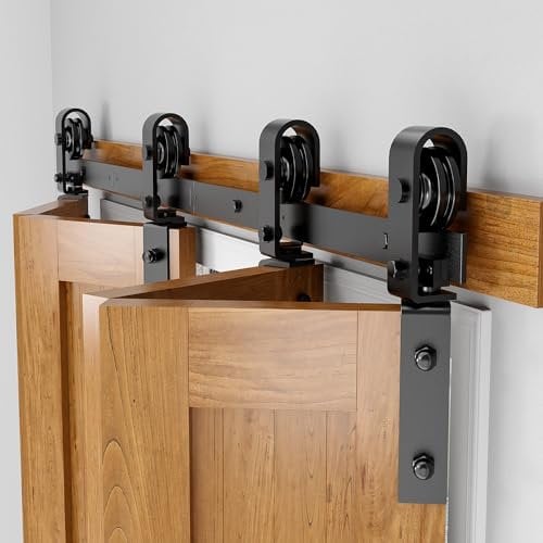 SANKEYTEW Kit de herrajes para puerta corredera de granero de 152,4 cm para puerta de armario doble plegable, rodillo resistente para un deslizamiento suave y silencioso, fácil instalación, negro