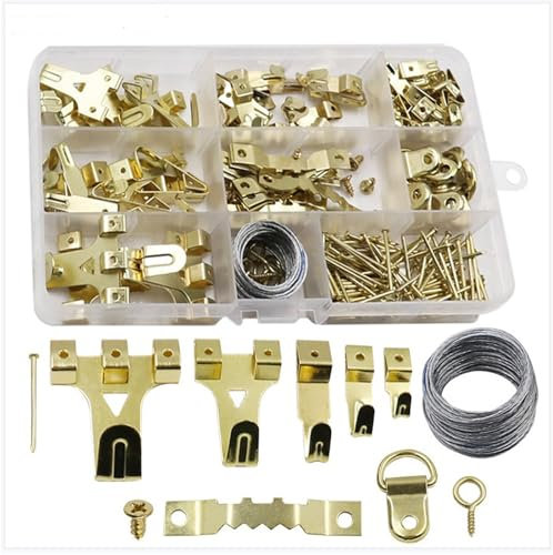 282-Piece Hard Wall Picture Hooks Set, Gold Picture Hanging Hooks, Iron Material, Includes Steel Hooks, Sawtooth Hangers, D-Rings, Steel Wire, Nails, and Screws for Picture Frames and Decorations