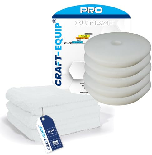 8er Sparpack Craft-Equip PRO Polierschwamm Polierpad mit Klettverschluss Made IN EU (8er Sparpack 150mm DA Polierschwamm Cut Weiss + Microfasertücher)