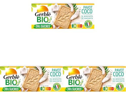 Gerblé Bio, Sablés bio saveur Coco Pavot, Allégés en sucres, Sans huile de palme, 216079, 3 Paquet de 12 Biscuits, 132 g