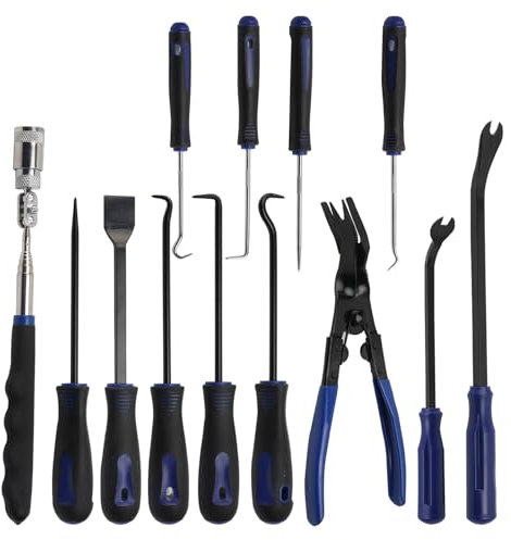 Hook and Pick Set, 13 Pcs Telescopic Mechanic Hook and Pick Tool Set with LED Light Removal Clip Plier Rivets Puller Magnetic Pickup Mechanic Tools for Automotive Repair