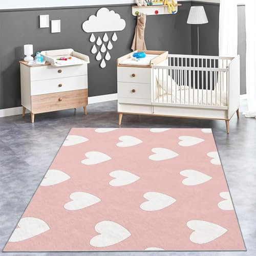 Tappeto in flanella Motivo Cuore Bianco stampata Tappeto per la cameretta dei bambini in peluche corto lavabile Rosa tappeto del soggiorno 90 x 150 cm