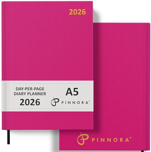 Pinnora Diary 2026 A5 Day Per Page, Deep Pink Year Planner Organiser 2026 Day Per Page, 2026 Planner, Home, School & Office, Hard Back 2026 Diaries, A5 & A4 2026 Diary in Day Per Page & Week To View
