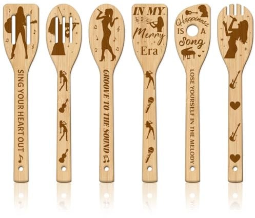 GLOBLELAND 6Pcs Music Woman Bamboo Cooking Utensils Wooden Engraved Cooking Spoons Set Guitar and Notes Carving Kitchen Bamboo Spatula Set Wood Cooking Spoon for Kitchen Mother Friend Women Gift
