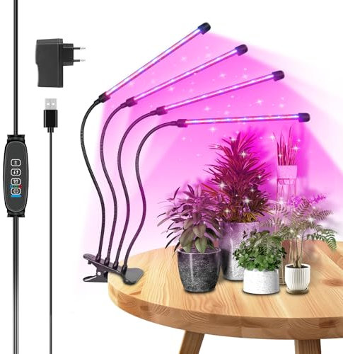 RIGIDON Lampada per Piante Coltivazione Indoor Con Clip, 4-Teste 80 Leds 460nm-470nm 620nm-630nm Grow Light da Interno, Timer 3/9/12H, 10 Livelli di Luminosità, per Serra Idroponica da Casa