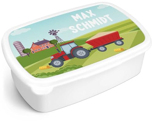 GRAVURZEILE Bedruckte Lunchbox - Traktor - Personalisiert mit Namen - Brotdose für Kinder - Individuell bedruckt mit Wunschmotiv - Platzsparend stapelbar - Perfekt für Schule & Kita - Farbe: Weiß