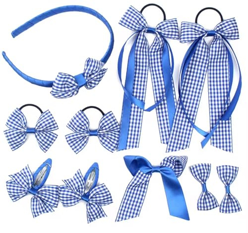 Back to School Hair Bows/Clips/Hairband/Gingham Blue & White New 10 Piece Hair Clip/Bow and Hairband Set Perfect for Starting School Girls/New/Accessories/Checked Pattern Navy