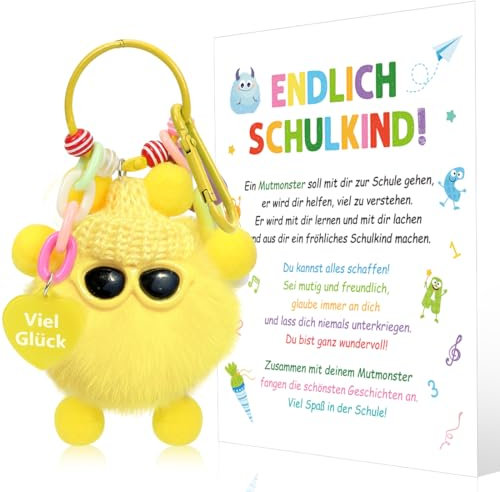 Augesak Einschulung Schlüsselanhänger, Plüsch Schlüsselanhänger Schulkind, Glücksbringer Schulanfang Junge Mädchen, Geschenk Einschulung Endlich Schulkind Glücksbringer Schule (Gelb)
