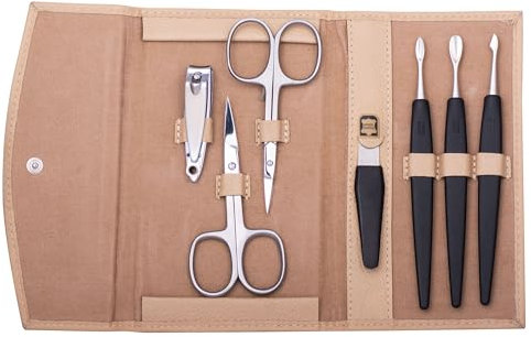 Erbe Maniküre-Set, 7-teilig, Leder-Etui in Beige, Nagelschere, Nagelknipser und Pflegeinstrumente