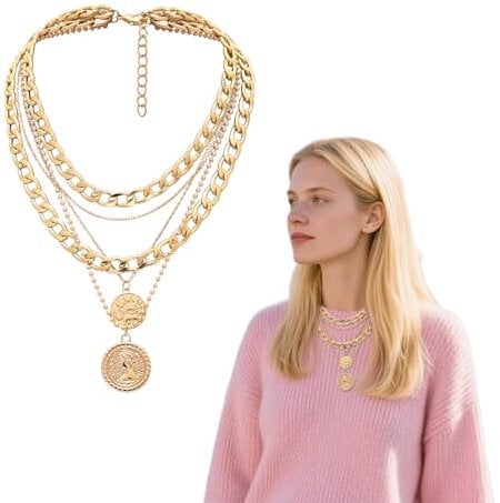 Punk Chunky Chain Necklace, Layered Cuban Link Chain Multilayer Carved Coin Round Hip Hop Pendant, Thick Choker Jewelry for Women (Gold)