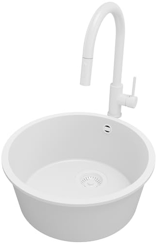 PRIMAGRAN Granitspüle ab 50er Unterschrank + Küchenarmatur, 46x46cm | Set: Küchenarmatur BW9010 + Ablauf-Set (Siphon, Ablaufgarnitur, Überlauf) + Spülbecken 1 Becken - Valetta Slim, Alles Weiß