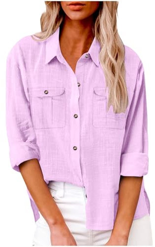 AMhomely Pink Blouses for Women UK Cotton Linen Long Sleeve Top Women Button Down Casual Office Tees Shirts with Pocket Loose Casual Smart Tshirts D02 Pink XL