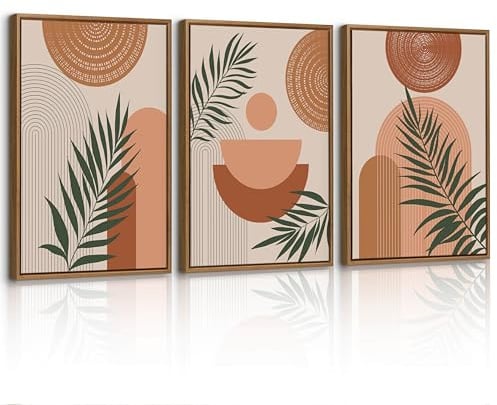 3 Pcs Boho Terracotta Géométrique Lignes Impression Sur Toile Avec Cadre Nordique Esthétique Plantes Feuille Tableau Decoration Murale Affiche Peintures Decoration Chambre Maison Bureau 30x40cmx3 Pcs