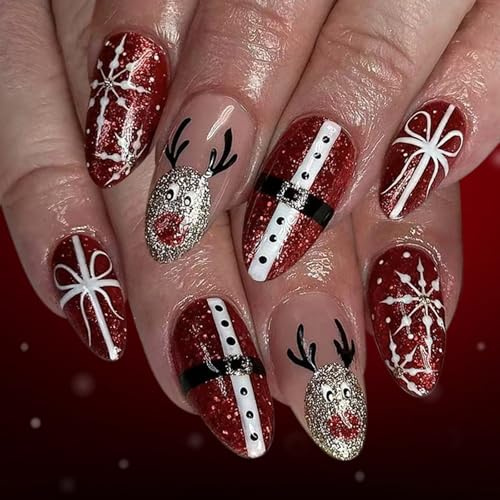 24PCS Holiday Press On Nails Rosso Babbo Natale Glitter Fiocchi di Neve Renna Modello Durabilità ABS Unghie finte Per Natale Premere Sul Chiodo Rosso Santa Glitter Fiocco di Neve