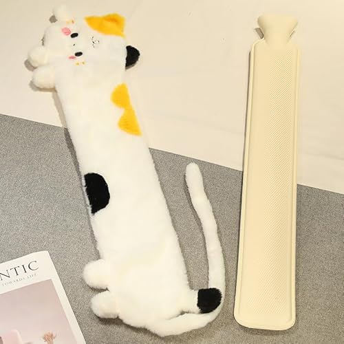 RNPKZ Wärmflasche Katzen Lang Mit Weichem Bezug, 2 L Wärmflasche Tier Mit Bezug, Nackenwärmflasche, Long Hot Water Bottle, WäRmeflasche Schlauch für Rücken Nacken Schulter Unterleib (75cm,Weiße Katze)